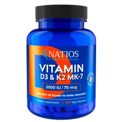 Natios Vitamin D3 & K2 (MenaQ7 MK-7), 2000 IU & 75 mcg, 100 kapslí